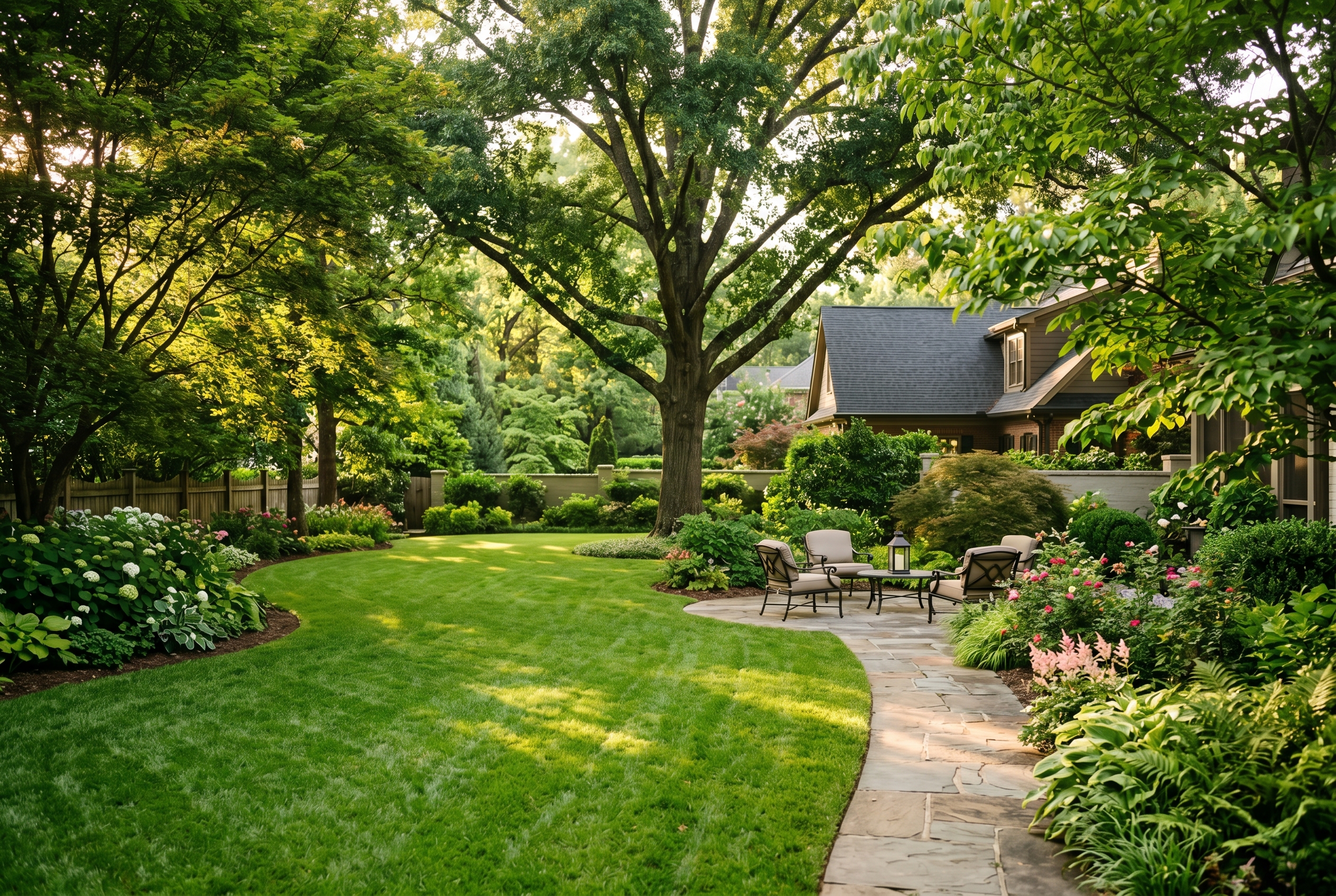 A finished, beautifully maintained backyard with healthy shade trees