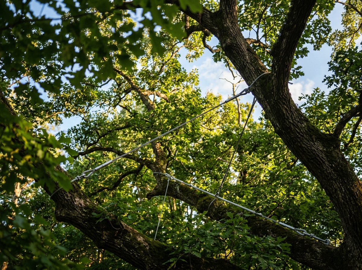 Steel cabling and bracing installed in a large tree canopy