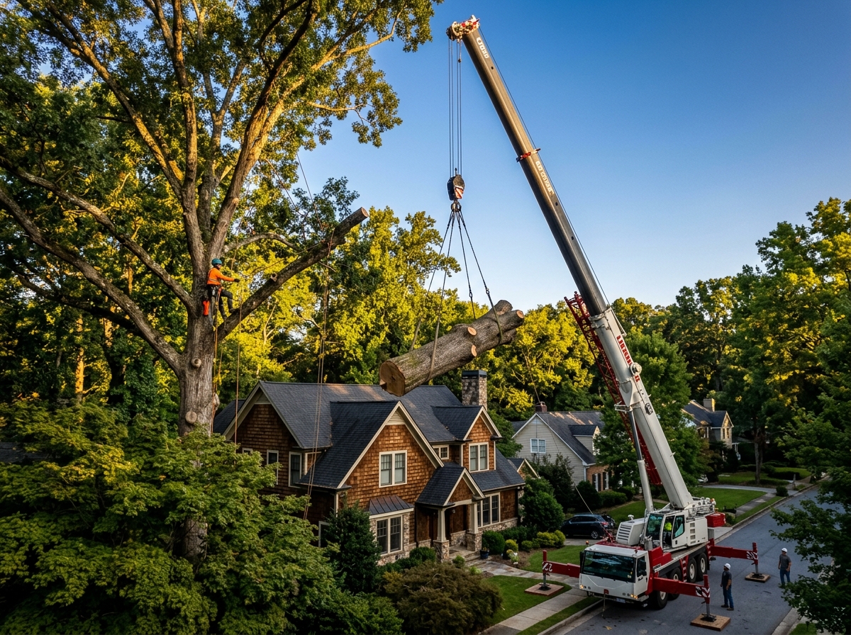Crane lifting a large tree section over a house