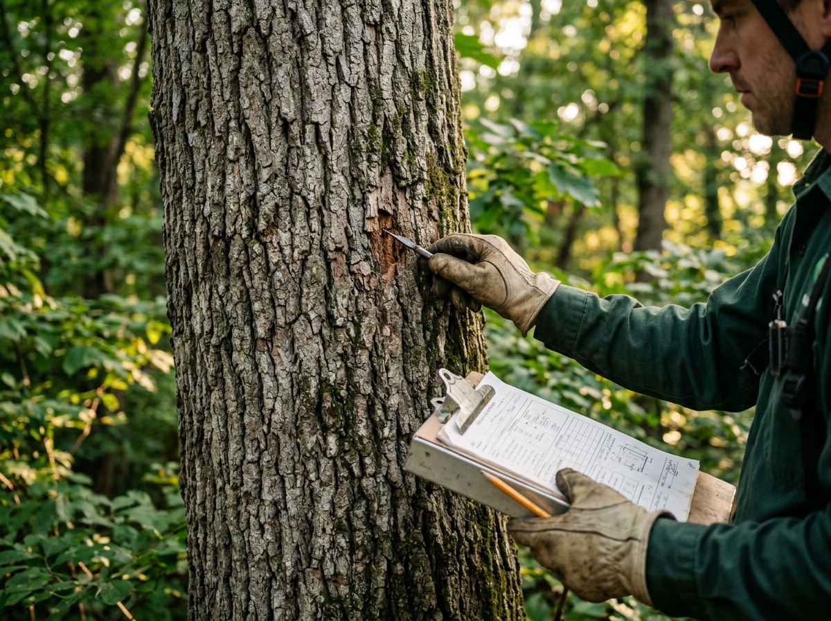 Certified arborist inspecting tree bark for disease