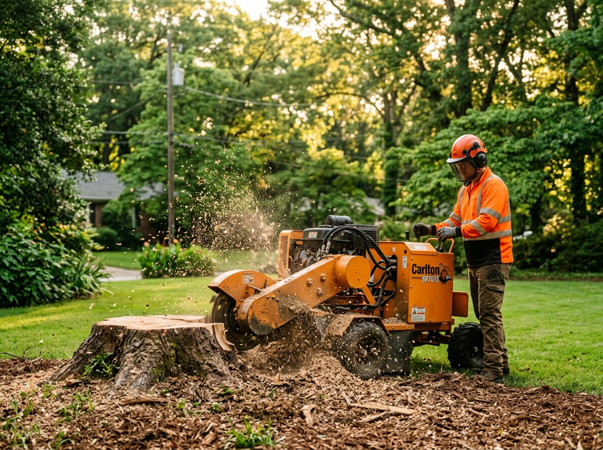 Stump grinder removing a tree stump with wood chips flying