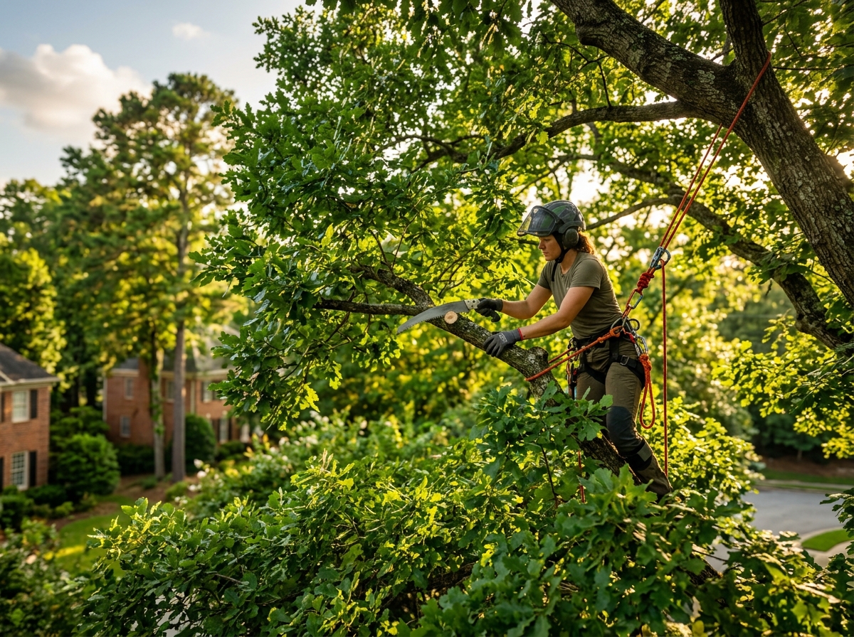 Arborist pruning the canopy of a healthy hardwood tree